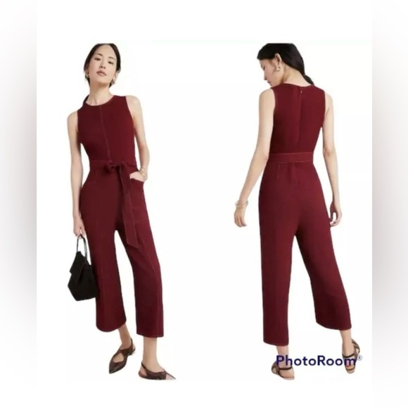 Anthropologie Greylin Bordo Jumpsuit Belted Maroon Red Pockets Size SP - Picture 2 of 12